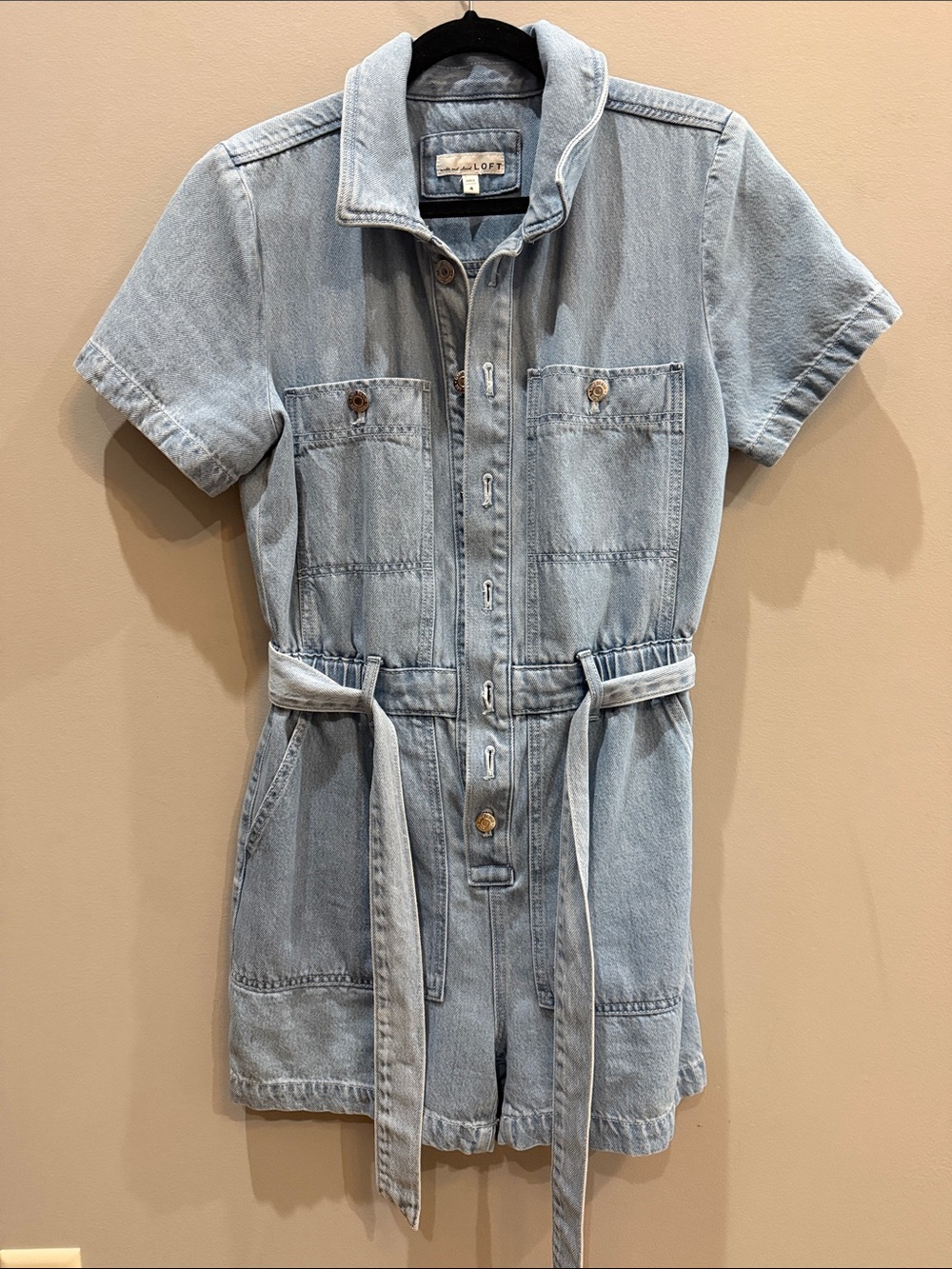 Light Wash Denim Short-Sleeve Romper with Waist Tie